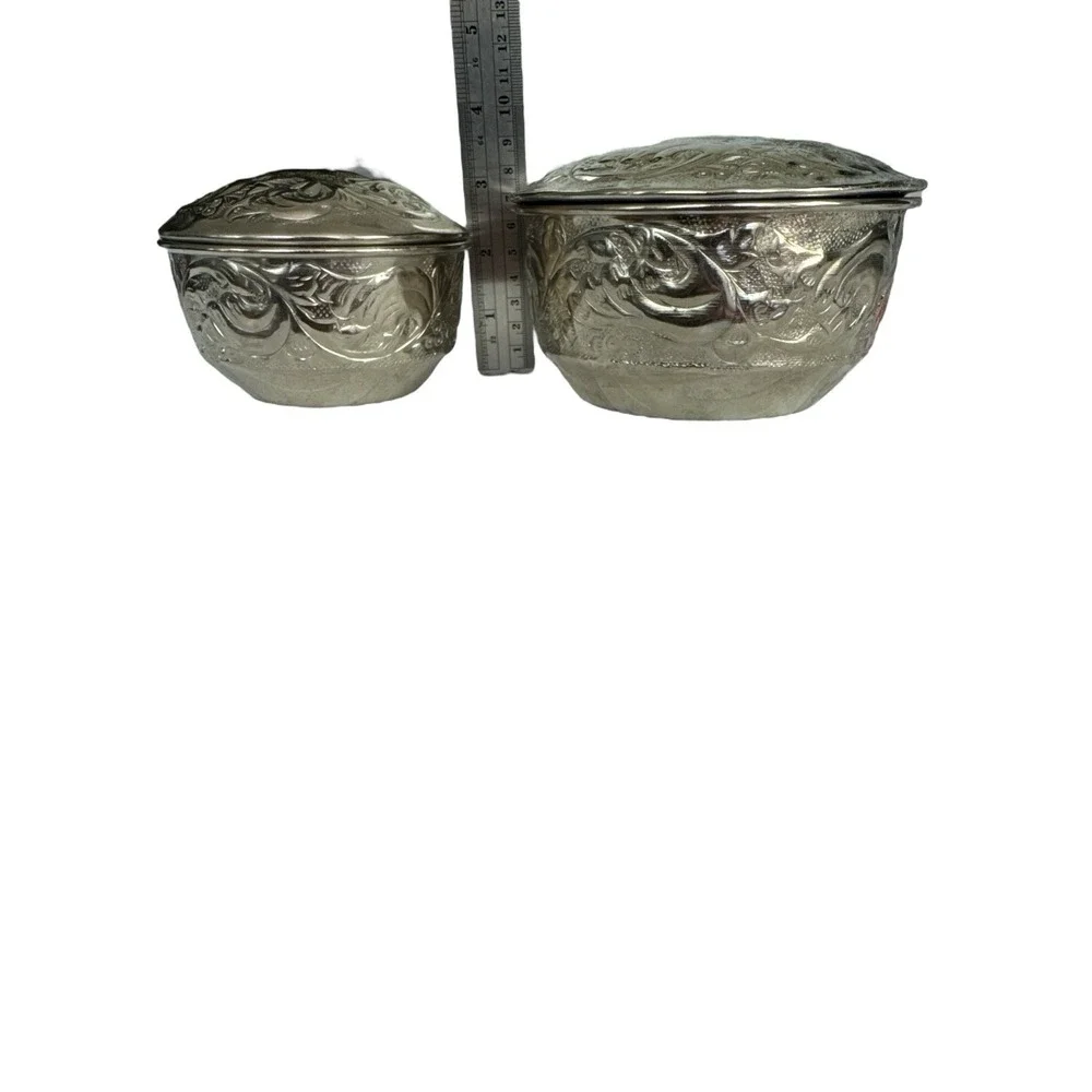 Set Of 2 Vintage Thai Aluminum Bowl Lid Home Ceremonial Betel Nuts Food Trinkets